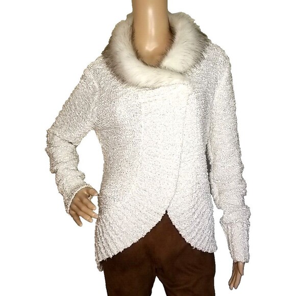 Alberto Makali White Faux Fur Collar Womens Large Knit Sweater Textured      T39 - Picture 1 of 11